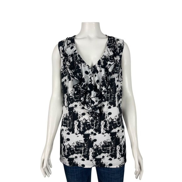 NEW Milano Womens Sleeveless Blouse Large Ruffle Black White Top Shirt - Picture 1 of 8
